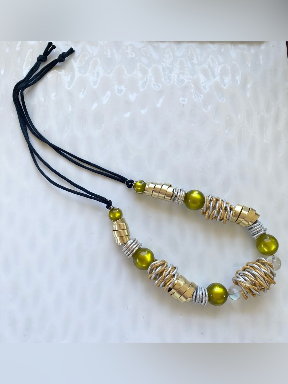 Olive Green and Gold Freestyle Statement Necklace - Picture 7 of 7